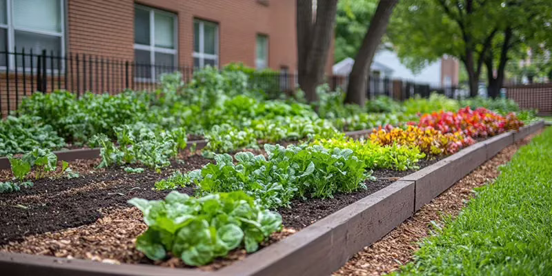Potager en bac bois planté de légumes et fleurs
